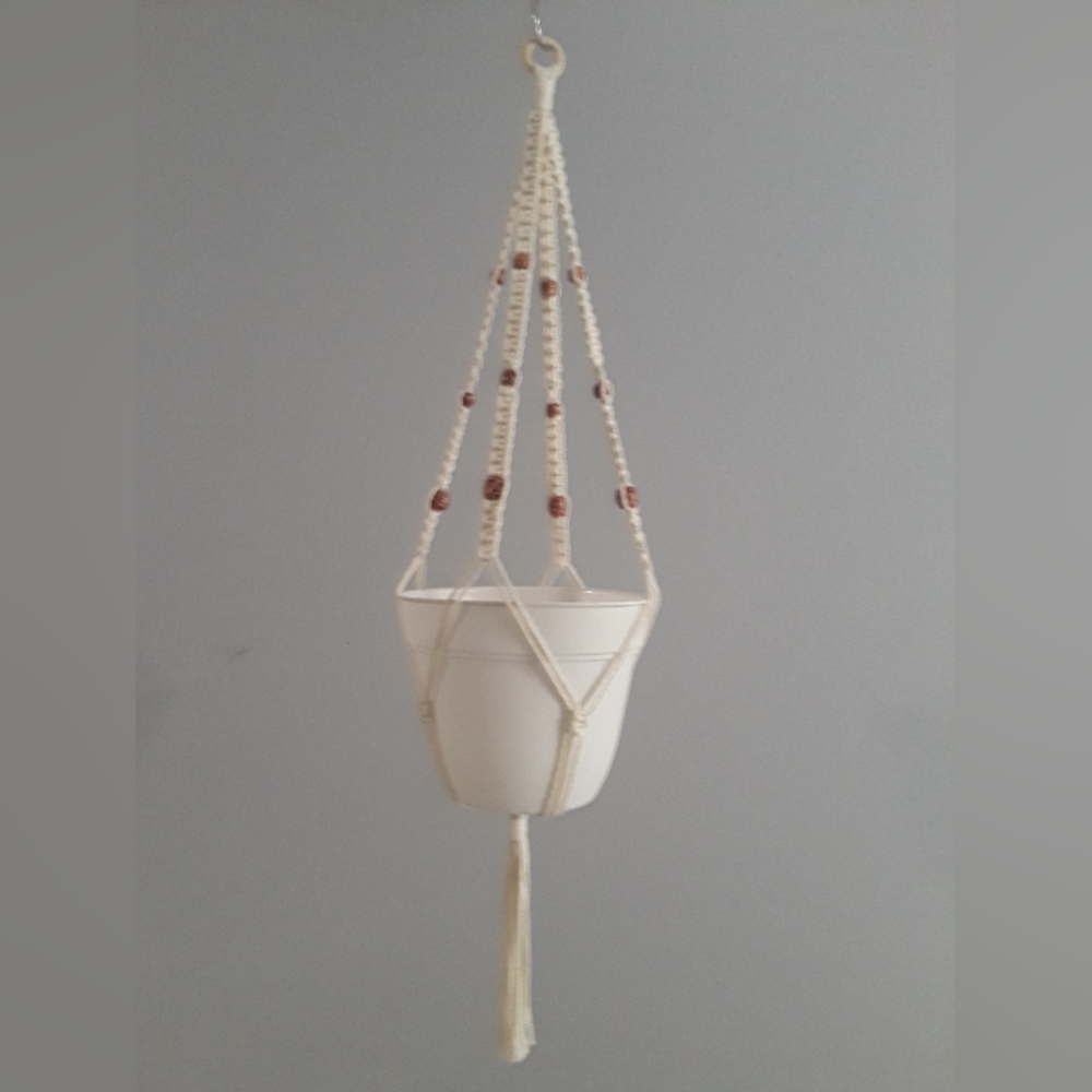 New Hand Made in Maine USA- Macrame Hanging Planter in Cream with Wood Beads